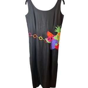 Deborah Laws Vintage Black Linen Fruit Embroidered Midi Shift Dress Womens 100%